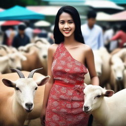 Enhance the previous image by making the sales promotion girl even more beautiful and more sexy while she is selling large goats in a traditional Indonesian market