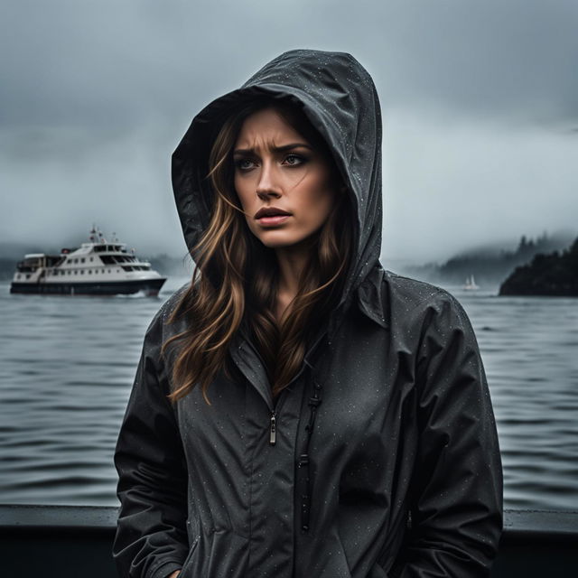 A suspenseful and moody image of a beautiful influencer woman in Puget Sound, who is in witness protection and appears afraid