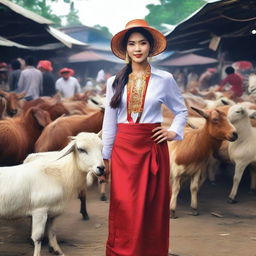 Revise the previous image by changing the outfit of the sales promotion girl to something more sensual, while she is selling large goats in a traditional Indonesian market