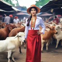 Revise the previous image by changing the outfit of the sales promotion girl to something more sensual, while she is selling large goats in a traditional Indonesian market