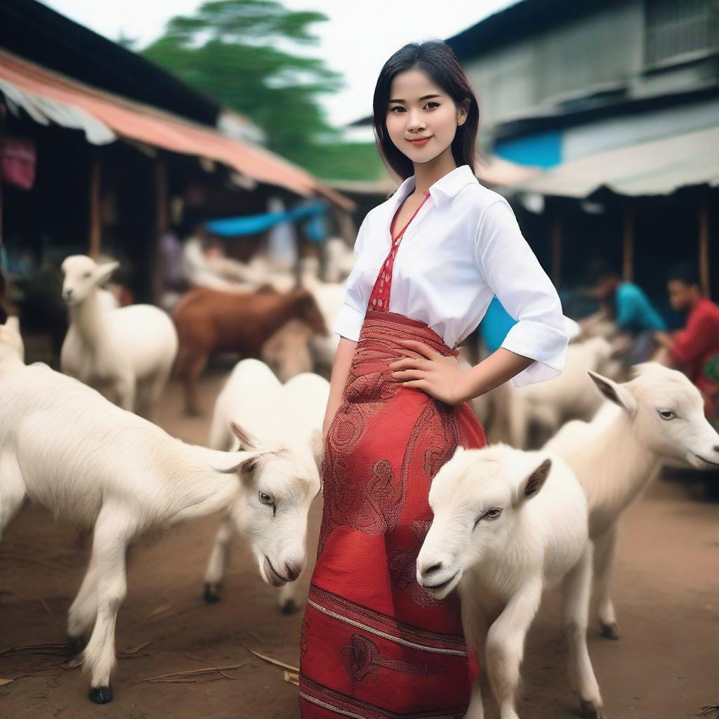 Revise the previous image by changing the outfit of the sales promotion girl to something more sensual, while she is selling large goats in a traditional Indonesian market