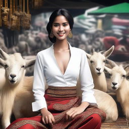 Revise the previous image by changing the outfit of the sales promotion girl to something more sensual, while she is selling large goats in a traditional Indonesian market