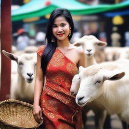 Revise the previous image by changing the outfit of the sales promotion girl to something more sensual, while she is selling large goats in a traditional Indonesian market