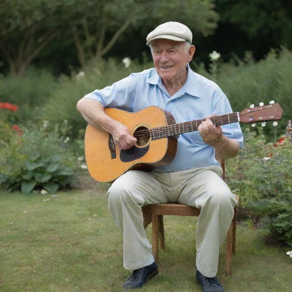 An elderly man with a clean-shaven face, wearing a cricket cap, sitting serenely in a beautiful garden, strumming a guitar.