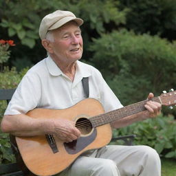 An elderly man with a clean-shaven face, wearing a cricket cap, sitting serenely in a beautiful garden, strumming a guitar.