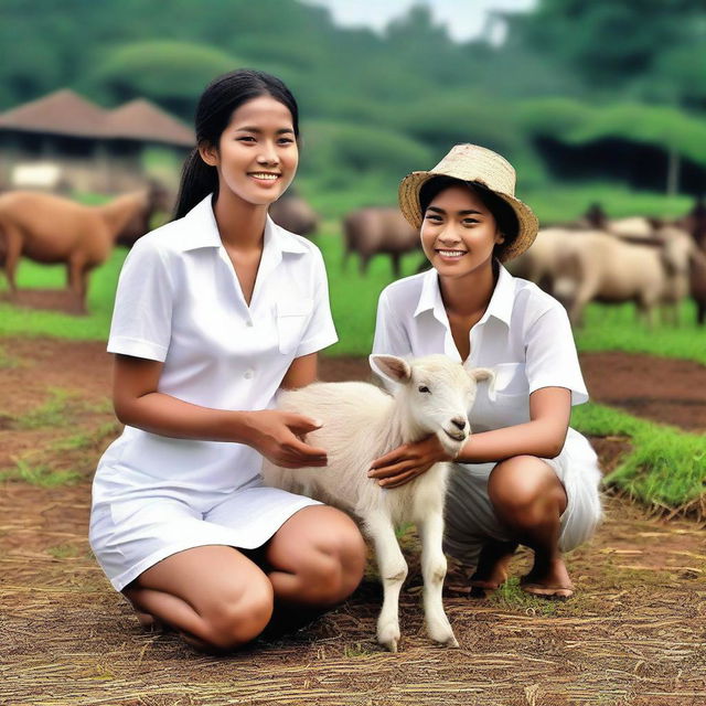 Revise the previous image by changing the outfit of the Indonesian sales promotion girl to something more sensual, while she is selling large goats in a rural Indonesian setting with young men looking to buy goats