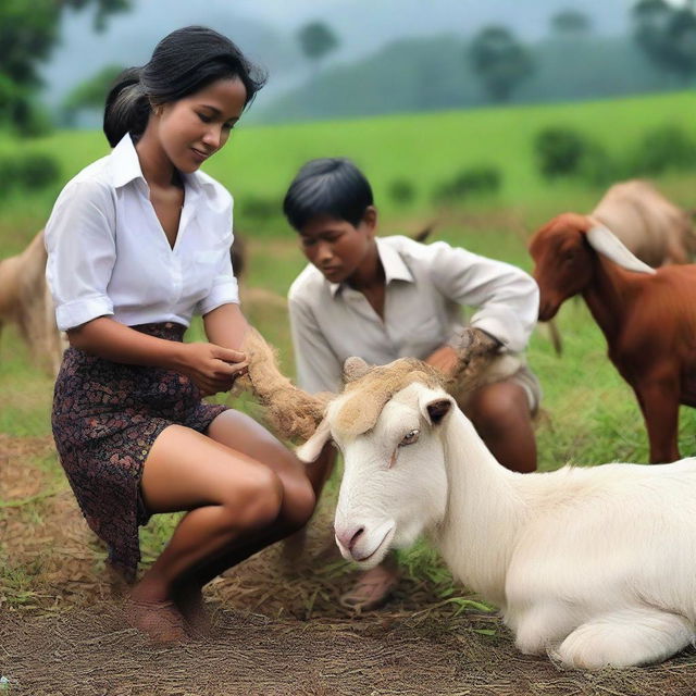 Revise the previous image by changing the outfit of the Indonesian sales promotion girl to something more sensual, while she is selling large goats in a rural Indonesian setting with young men looking to buy goats