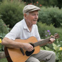 An elderly man with a clean-shaven face, wearing a cricket cap, sitting serenely in a beautiful garden, strumming a guitar.