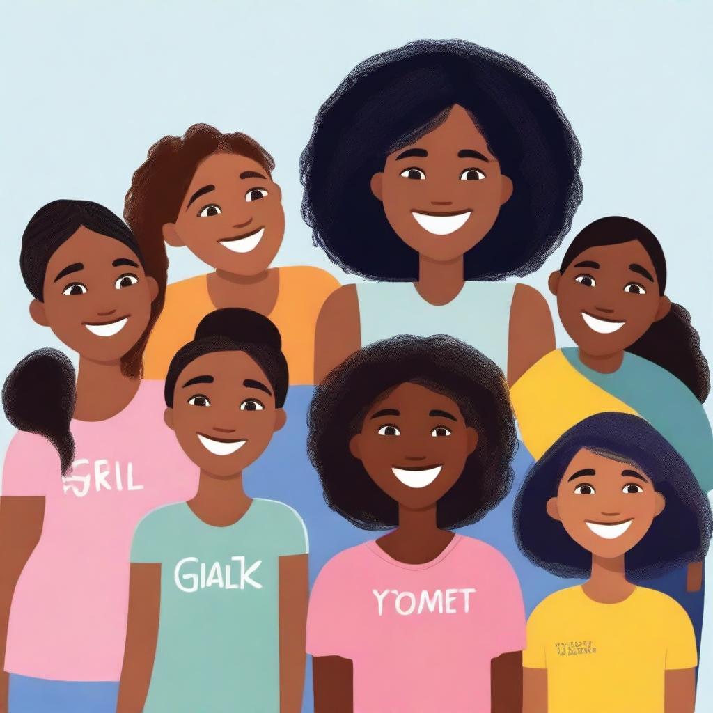 Create an image of young girls of various races and colours standing together, all smiling