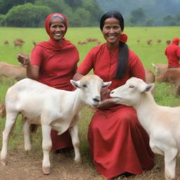 Generate a super HD quality and realistic image of a beautiful Indonesian woman selling large, healthy, and well-groomed goats in a rural Indonesian setting