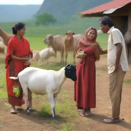 Generate a super HD quality and realistic image of a beautiful Indonesian woman selling large, healthy, and well-groomed goats in a rural Indonesian setting