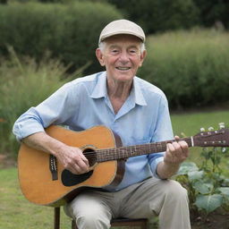 An elderly man with a clean-shaven face, wearing a cricket cap, sitting serenely in a beautiful garden, strumming a guitar.