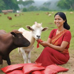 Generate a super HD quality and realistic image of a beautiful Indonesian woman selling large, healthy, and well-groomed goats in a rural Indonesian setting