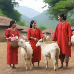 Generate a super HD quality and realistic image of a beautiful Indonesian woman selling large, healthy, and well-groomed goats in a rural Indonesian setting