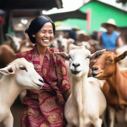 A realistic, high-definition photoshoot featuring a beautiful Indonesian woman joking around with several large goats in a traditional market setting