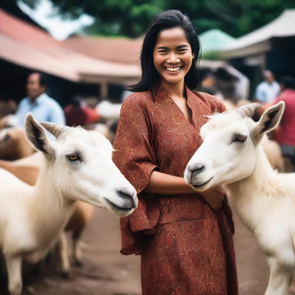 A realistic, high-definition photoshoot featuring a beautiful Indonesian woman joking around with several large goats in a traditional market setting