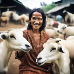 A realistic, high-definition photoshoot featuring a beautiful Indonesian woman joking around with several large goats in a traditional market setting