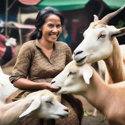 A realistic, high-definition photoshoot featuring a beautiful Indonesian woman joking around with several large goats in a traditional market setting