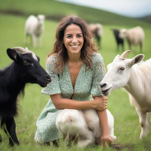 A realistic, super HD quality photoshoot of a beautiful, attractive Spanish woman, joking around with several large goats in a lush green field