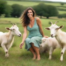 A realistic, super HD quality photoshoot of a beautiful, attractive Spanish woman, joking around with several large goats in a lush green field