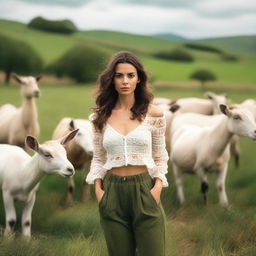 A realistic, super HD quality photoshoot of a beautiful, attractive Spanish woman, wearing minimal, thin clothing, standing amongst several large goats in a lush green field