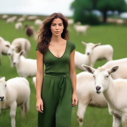 A realistic, super HD quality photoshoot of a beautiful, attractive Spanish woman, wearing minimal, thin clothing, standing amongst several large goats in a lush green field