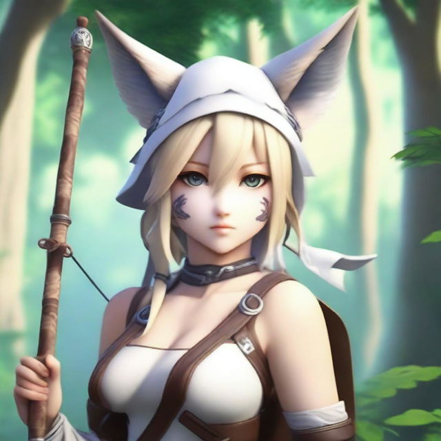 Create an image of a Lepori Viera Ranger character from Final Fantasy, with a blindfold covering her eyes