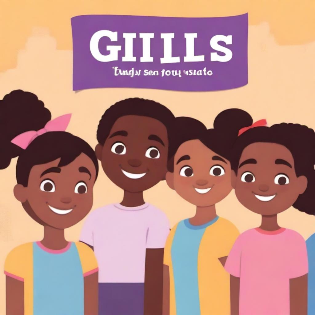 Create a book cover art showing young girls of different races and colours standing together, smiling