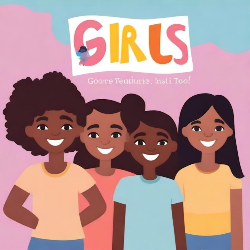 Create a book cover art showing young girls of different races and colours standing together, smiling