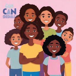 Create a book cover art showing young girls of different races and colours standing together, smiling