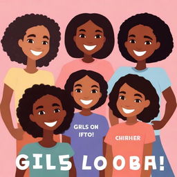 Create a book cover art showing young girls of different races and colours standing together, smiling