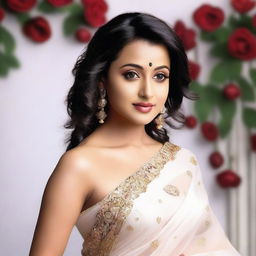 Generate an image of actress Trisha wearing a transparent white saree