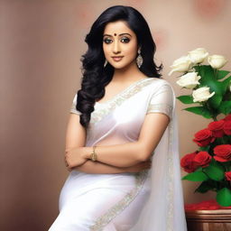 Generate an image of actress Trisha wearing a transparent white saree