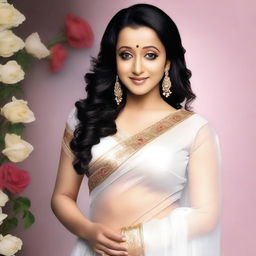 Generate an image of actress Trisha wearing a transparent white saree