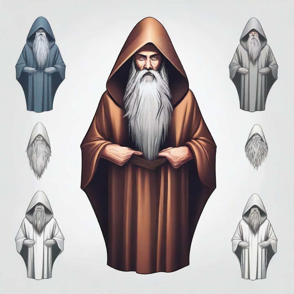 Generate an image for a T-shirt design featuring a realistic angled view of a bearded wizard standing, wearing a hooded poncho