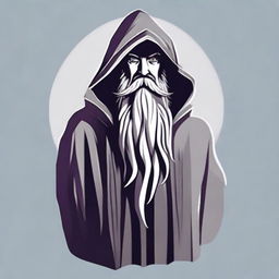 Generate an image for a T-shirt design featuring a realistic angled view of a bearded wizard standing, wearing a hooded poncho