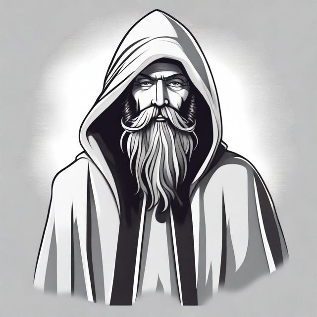 Generate an image for a T-shirt design featuring a realistic angled view of a bearded wizard standing, wearing a hooded poncho