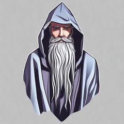 Generate an image for a T-shirt design featuring a realistic angled view of a bearded wizard standing, wearing a hooded poncho