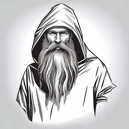 Create a realistic image for a T-shirt design, showing an angled view of a bearded wizard standing