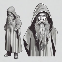 Create a realistic image for a T-shirt design, showing an angled view of a bearded wizard standing