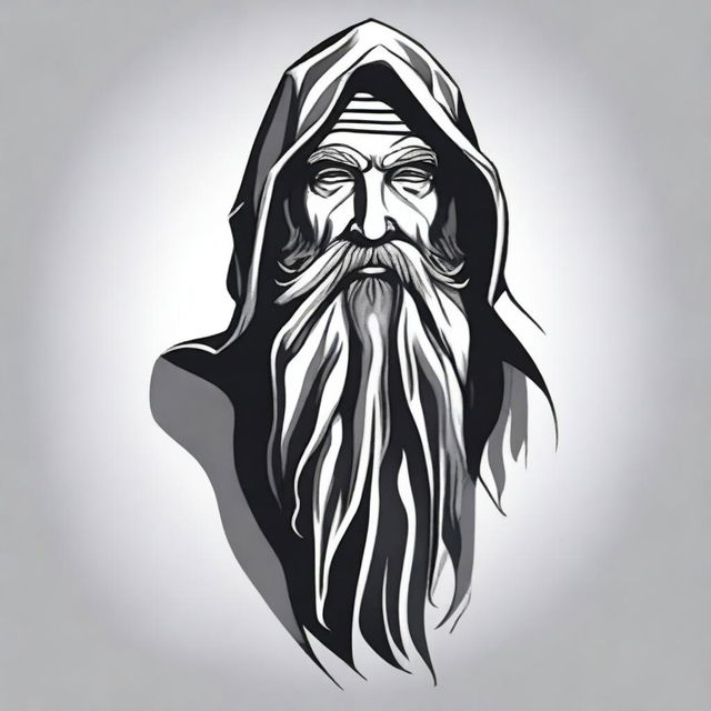 Create a realistic image for a T-shirt design, showing an angled view of a bearded wizard standing