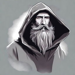 Develop a realistic image for a T-shirt design presenting an angled view of a bearded wizard in a hooded poncho