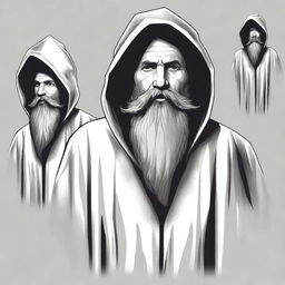 Develop a realistic image for a T-shirt design presenting an angled view of a bearded wizard in a hooded poncho