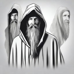 Develop a realistic image for a T-shirt design presenting an angled view of a bearded wizard in a hooded poncho