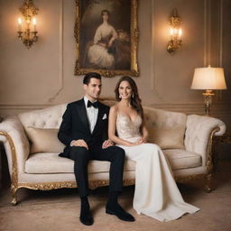 An elegant couple seated on a luxurious sofa, the room is filled with love and warmth.