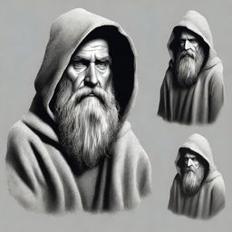 Develop a realistic image for a T-shirt design presenting an angled view of a bearded wizard in a hooded poncho