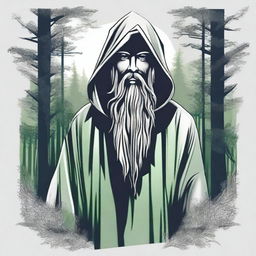 Generate a realistic design for a T-shirt featuring an angled view of a bearded wizard in a hooded poncho looking into a forest