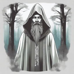 Generate a realistic design for a T-shirt featuring an angled view of a bearded wizard in a hooded poncho looking into a forest