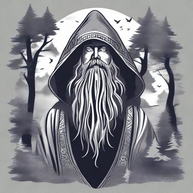 Generate a realistic design for a T-shirt featuring an angled view of a bearded wizard in a hooded poncho looking into a forest
