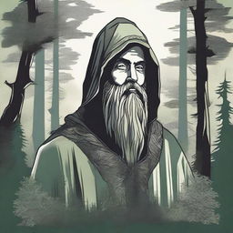 Generate a realistic design for a T-shirt featuring an angled view of a bearded wizard in a hooded poncho looking into a forest